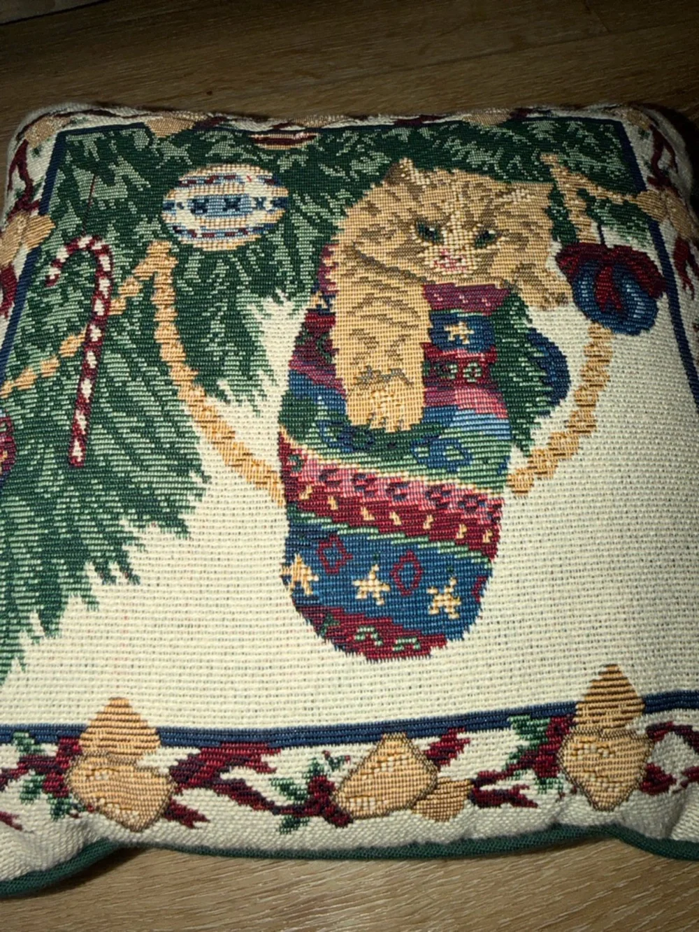 Festive Orange Kitten Christmas Stocking Tapestry‎ Throw Pillow 11.5x11.5